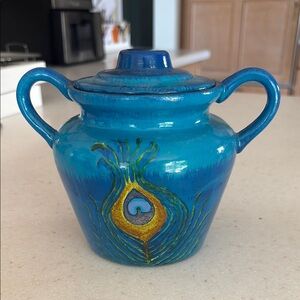Blue Ceramic Lidded Jar with Peacock Design